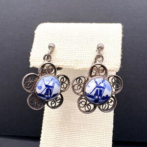 Vintage 835 Silver Delft Windmill Porcelain Dangle Screwback Earrings Signed